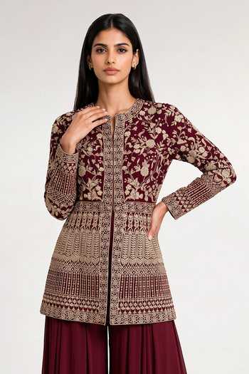 Maisolos_Maroon Net, Georgette Round Neck Hand Embroidered Jacket And Palazzo Set _at_Aza_Fashions