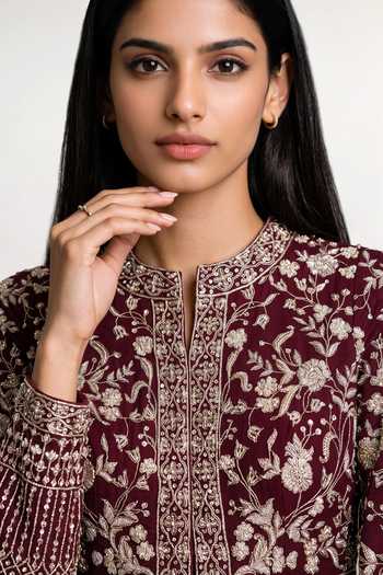Buy_Maisolos_Maroon Net, Georgette Round Neck Hand Embroidered Jacket And Palazzo Set 