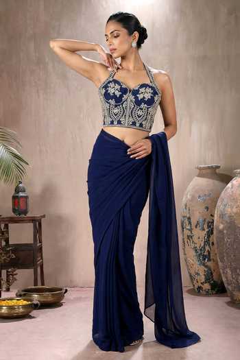 Buy_Maisolos_Blue Silk, Georgette Embroidery Sweetheart Neck Corset With Pre-draped Saree _Online_at_Aza_Fashions