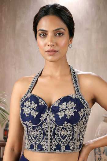 Shop_Maisolos_Blue Silk, Georgette Embroidery Sweetheart Neck Corset With Pre-draped Saree _Online_at_Aza_Fashions