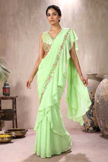 Maisolos Ruffle Pre-Draped Saree With Embroidered Blouse 