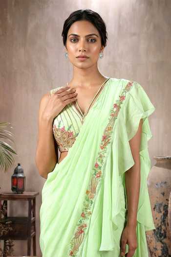 Maisolos_Green Crepe V-neck Ruffle Pre-draped Saree With Embroidered Blouse _Online_at_Aza_Fashions