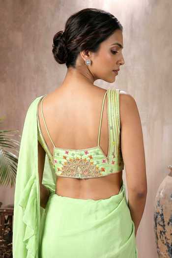 Buy_Maisolos_Green Crepe V-neck Ruffle Pre-draped Saree With Embroidered Blouse _Online_at_Aza_Fashions