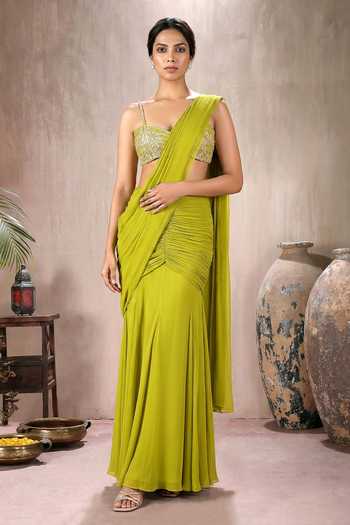 Buy_Maisolos_Green Georgette, Net Sweetheart Neck Ruched Pre-draped Saree With Blouse _Online_at_Aza_Fashions