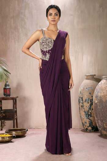 Maisolos_Wine Net, Georgette Embroidery Sweetheart Neck Pre-draped Saree With Corset _Online_at_Aza_Fashions