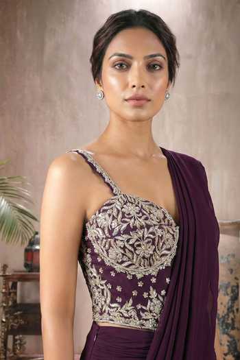 Buy_Maisolos_Wine Net, Georgette Embroidery Sweetheart Neck Pre-draped Saree With Corset _Online_at_Aza_Fashions