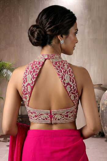 Maisolos_Pink Net, Georgette High Neck Pre-draped Pleated Saree With Blouse _Online_at_Aza_Fashions