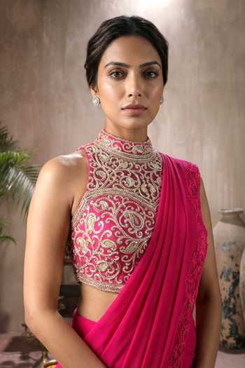 Buy_Maisolos_Pink Net, Georgette High Neck Pre-draped Pleated Saree With Blouse _Online_at_Aza_Fashions