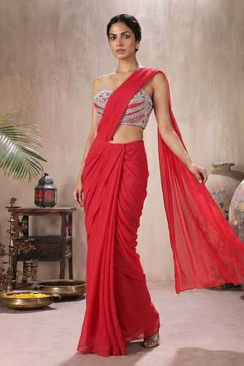 Maisolos_Coral Net, Georgette Sweetheart Neck Pre-draped Saree With Embroidered Blouse _Online_at_Aza_Fashions