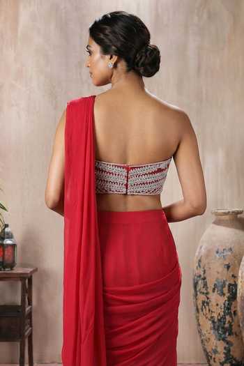 Buy_Maisolos_Coral Net, Georgette Sweetheart Neck Pre-draped Saree With Embroidered Blouse _Online_at_Aza_Fashions