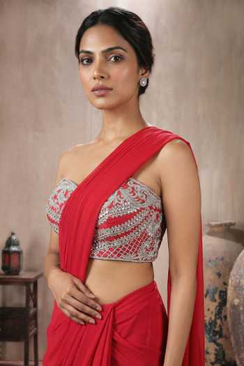Shop_Maisolos_Coral Net, Georgette Sweetheart Neck Pre-draped Saree With Embroidered Blouse _Online_at_Aza_Fashions
