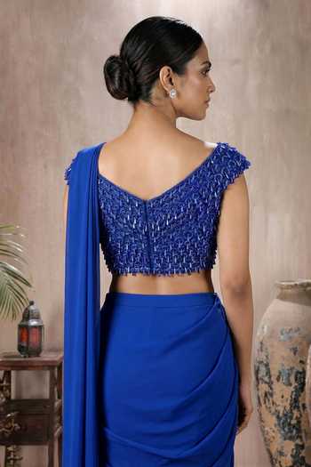 Maisolos_Blue Georgette, Net Sweetheart Neck Layered Pre-draped Saree With Blouse _Online_at_Aza_Fashions