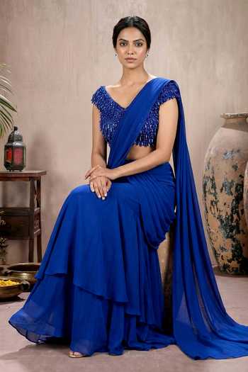 Buy_Maisolos_Blue Georgette, Net Sweetheart Neck Layered Pre-draped Saree With Blouse _Online_at_Aza_Fashions