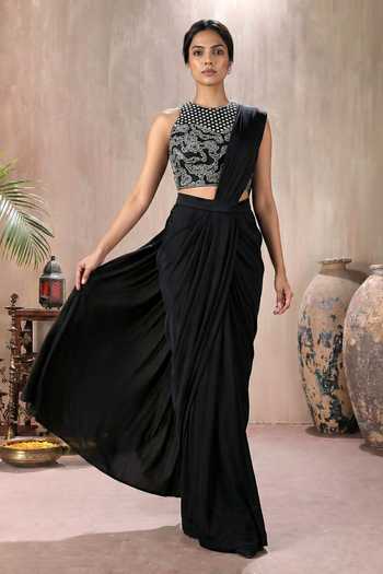 Maisolos_Black Net, Georgette High Neck Pre-draped Saree With Embroidered Blouse _Online_at_Aza_Fashions