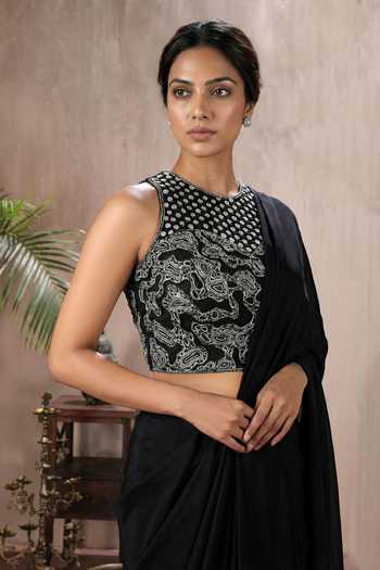 Buy_Maisolos_Black Net, Georgette High Neck Pre-draped Saree With Embroidered Blouse _Online_at_Aza_Fashions