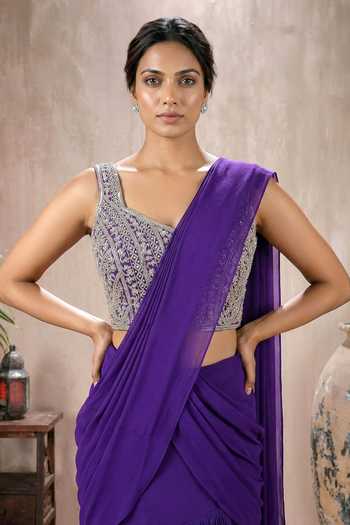 Maisolos_Purple Net, Georgette Layered Pre-draped Saree With Embroidered Blouse _Online_at_Aza_Fashions