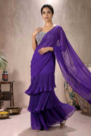 Buy_Maisolos_Purple Net, Georgette Layered Pre-draped Saree With Embroidered Blouse _Online_at_Aza_Fashions