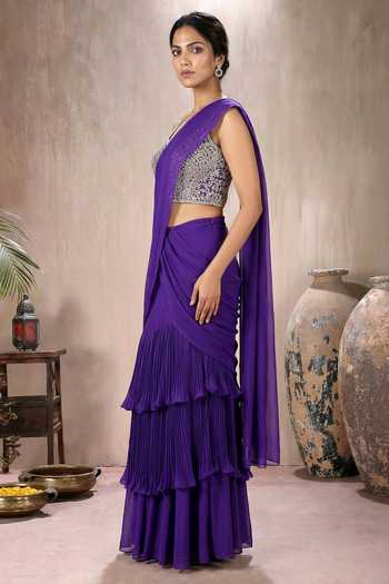 Shop_Maisolos_Purple Net, Georgette Layered Pre-draped Saree With Embroidered Blouse _Online_at_Aza_Fashions