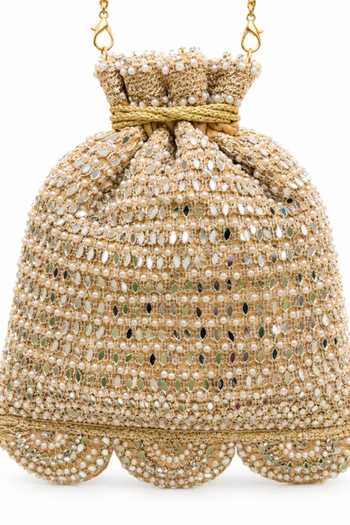 SG Collection By Sonia Gulrajani Gold Beads, Pearls, Mirrors, Tassels Heer Hand Embellished Raw Silk Potli Online at Aza Fashions SG Collection By Sonia Gulrajani_Gold Beads, Pearls, Mirrors, Tassels Heer Hand Embellished Raw Silk Potli _Online_at_Aza_Fashions