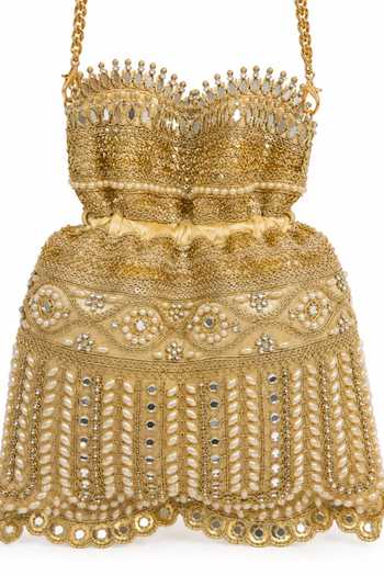SG Collection By Sonia Gulrajani_Gold Pearls, Stones, Mirrors, Crystals, Tassels Diya Embellished Potli _Online_at_Aza_Fashions
