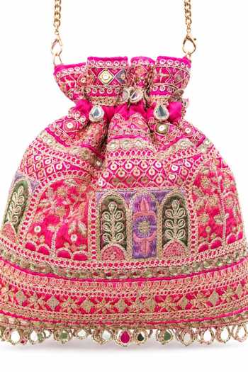 SG Collection By Sonia Gulrajani Pink Embroidery, Sequins, Beads, Zari, Mirrors, Tassels Rooh Border Potli Online at Aza Fashions SG Collection By Sonia Gulrajani_Pink Embroidery, Sequins, Beads, Zari, Mirrors, Tassels Rooh Border Potli _Online_at_Aza_Fashions