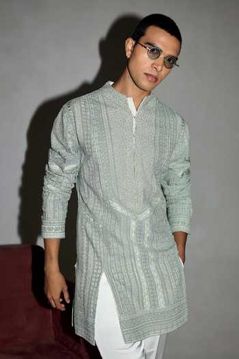 Arjan Dugal Mint Georgette, Satin Baroque Embroidered 1 2 Estelle Kurta And Pant Set at Aza Fashions Arjan Dugal_Mint Georgette, Satin Baroque Embroidered 1 2 Estelle Kurta And Pant Set _at_Aza_Fashions