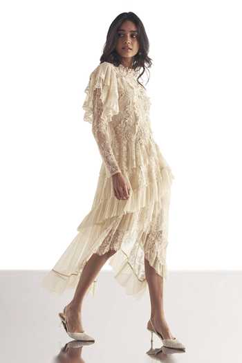Dash And Dot Ivory Polyester High Neck Cascading Lace Midi Dress Online at Aza Fashions Dash And Dot_Ivory Polyester High Neck Cascading Lace Midi Dress _Online_at_Aza_Fashions