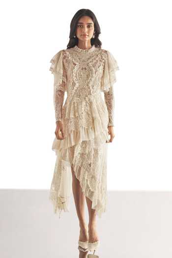 Buy Dash And Dot Ivory Polyester High Neck Cascading Lace Midi Dress Online at Aza Fashions Buy_Dash And Dot_Ivory Polyester High Neck Cascading Lace Midi Dress _Online_at_Aza_Fashions