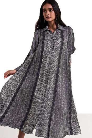Dash And Dot Black Viscose Collared Neck Monochrome Printed Lace Dress at Aza Fashions Dash And Dot_Black Viscose Collared Neck Monochrome Printed Lace Dress _at_Aza_Fashions