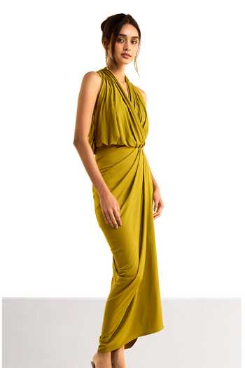 Dash And Dot_Olive Green Halter , Cowl Front Overlap Knit Dress _Online_at_Aza_Fashions