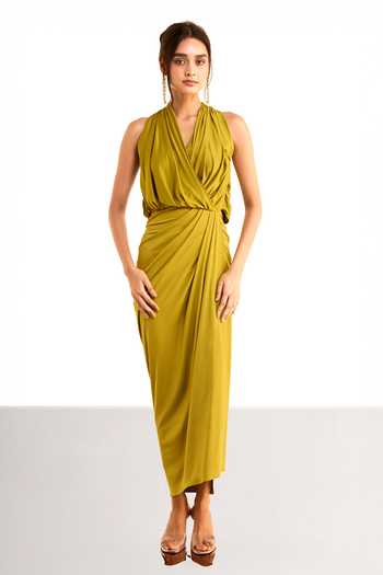 Buy_Dash And Dot_Olive Green Halter , Cowl Front Overlap Knit Dress _Online_at_Aza_Fashions
