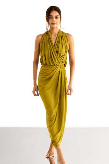 Shop_Dash And Dot_Olive Green Halter , Cowl Front Overlap Knit Dress _Online_at_Aza_Fashions