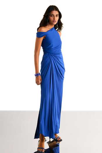 Dash And Dot Blue One Shoulder Draped Knit Dress Online at Aza Fashions Dash And Dot_Blue One Shoulder Draped Knit Dress _Online_at_Aza_Fashions