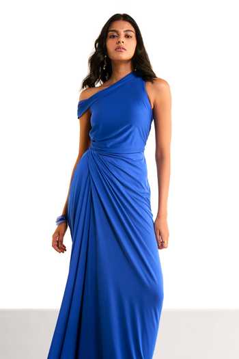 Buy Dash And Dot Blue One Shoulder Draped Knit Dress Online at Aza Fashions Buy_Dash And Dot_Blue One Shoulder Draped Knit Dress _Online_at_Aza_Fashions