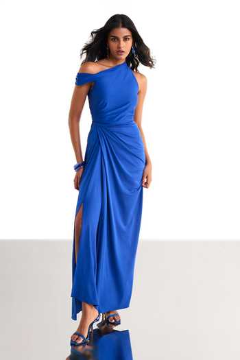 Shop Dash And Dot Blue One Shoulder Draped Knit Dress Online at Aza Fashions Shop_Dash And Dot_Blue One Shoulder Draped Knit Dress _Online_at_Aza_Fashions
