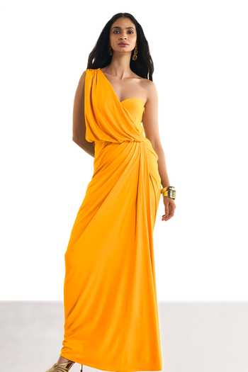 Dash and Dot One Shoulder Draped Knit Saree Gown