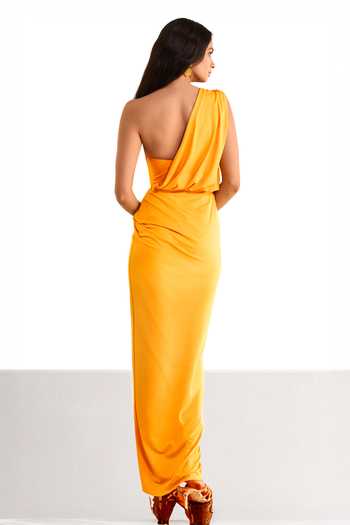 Dash and Dot One Shoulder Draped Knit Saree Gown