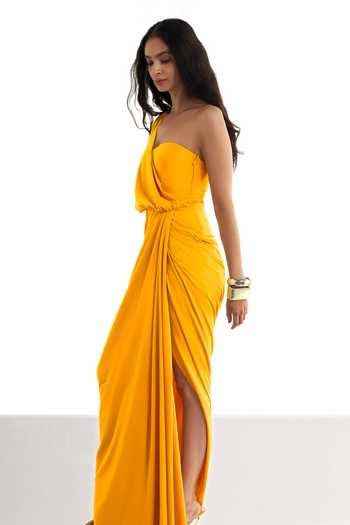 Buy Dash and Dot Yellow Sweetheart Neck, One Shoulder Draped Knit Saree Gown Online at Aza Fashions Buy_Dash and Dot_Yellow Sweetheart Neck, One Shoulder Draped Knit Saree Gown _Online_at_Aza_Fashions