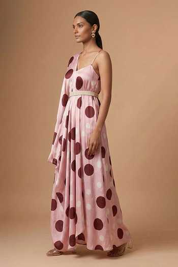 Vedika M Pink Satin V-neck, Asymmetric Neck, One Shoulder Polka Dot Dress And Belt Online at Aza Fashions Vedika M_Pink Satin V-neck, Asymmetric Neck, One Shoulder Polka Dot Dress And Belt _Online_at_Aza_Fashions