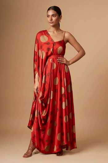 Vedika M Polka Dot Satin Dress & Belt