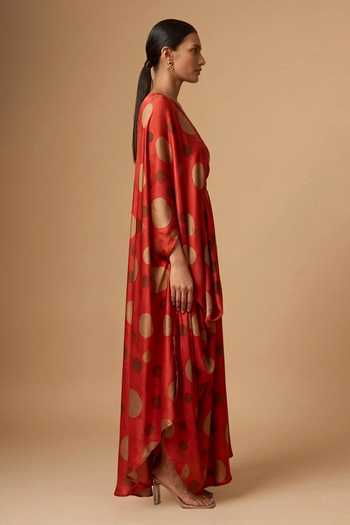 Vedika M Red Satin V-, Asymmetric Polka Dot Dress And Belt Online at Aza Fashions Vedika M_Red Satin V-, Asymmetric Polka Dot Dress And Belt _Online_at_Aza_Fashions