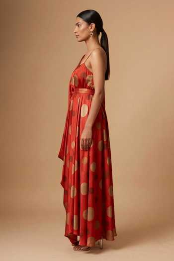 Buy Vedika M Red Satin V-, Asymmetric Polka Dot Dress And Belt Online at Aza Fashions Buy_Vedika M_Red Satin V-, Asymmetric Polka Dot Dress And Belt _Online_at_Aza_Fashions