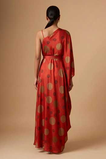Vedika M Polka Dot Satin Dress & Belt
