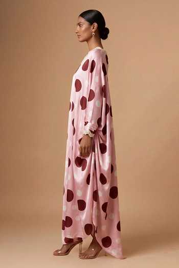 Vedika M Pink Satin One Shoulder Polka Dot Dress Online at Aza Fashions Vedika M_Pink Satin One Shoulder Polka Dot Dress _Online_at_Aza_Fashions