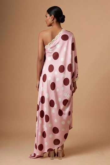 Vedika M Polka Dot Satin One-Shoulder Dress