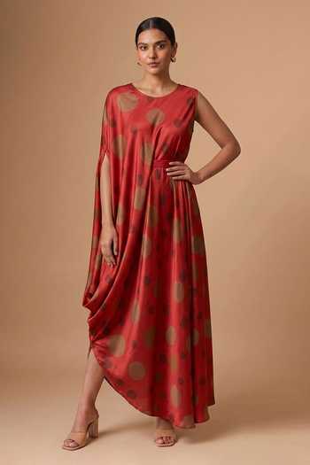 Vedika M Polka Dot Satin Draped Dress & Belt
