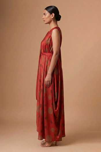 Vedika M_Red Satin Round Neck Polka Dot Draped Dress And Belt _Online_at_Aza_Fashions