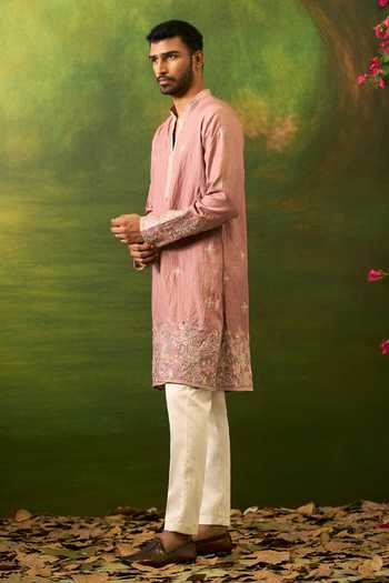 Shop_Arihant Rai Sinha_Pink Silk Placement Embroidered Kurta Set _Online_at_Aza_Fashions