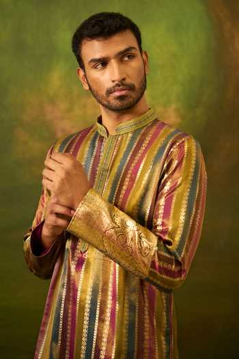 Shop Arihant Rai Sinha Multicolor Silk, Jacquard Linear Woven Kurta Set Shop_Arihant Rai Sinha_Multicolor Silk, Jacquard Linear Woven Kurta Set