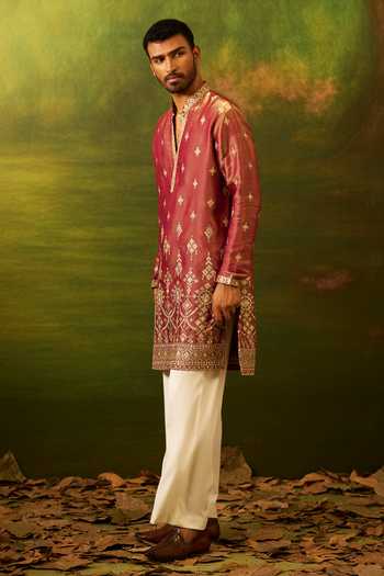 Buy_Arihant Rai Sinha_Wine Silk Dori Embroidered Kurta Set _Online_at_Aza_Fashions